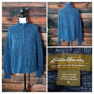 Eddie Bauer Sweater XL Cardigan Blue Marled Full Zip Cable Knit Pockets Cotton